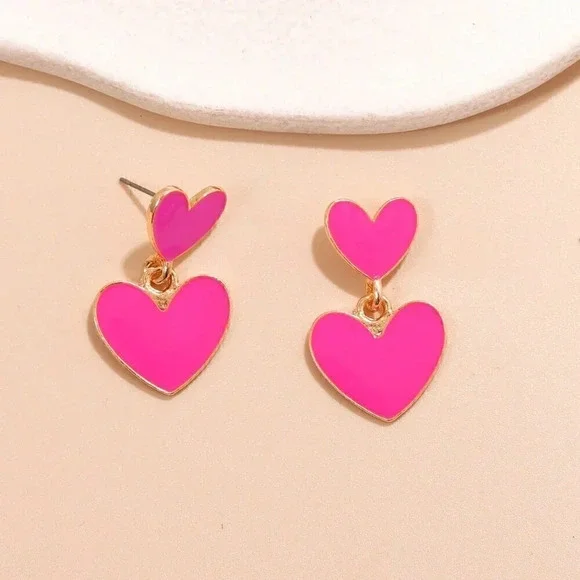 Hot Pink Women's Fashion Heart Drop Earrings - Picture 3 of 3